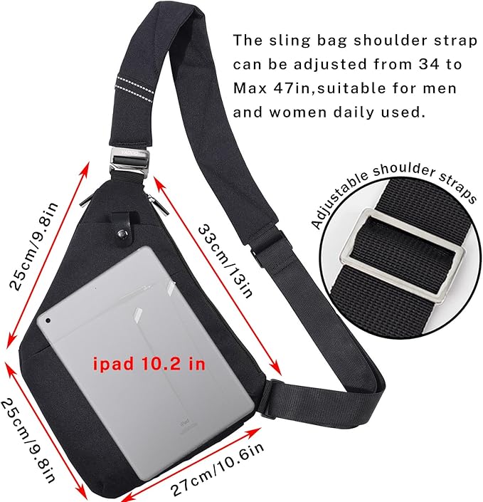 VADOO Anti-theft Sling Bag, RFID Blocking Crossbody Bag for Women and Men Lightweight Shoulder Chest for Travel Sport, Black 2.0, Large