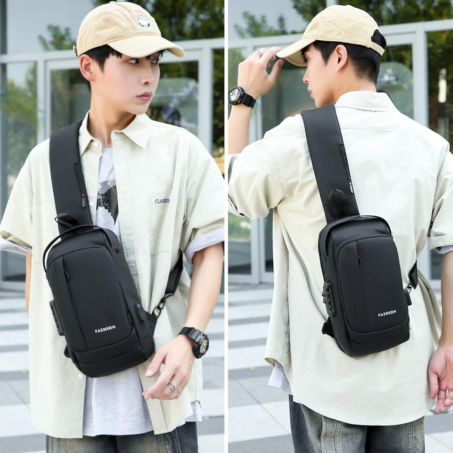 Sling Bag for Men Anti-theft USB Crossbody Shoulder Backpack Purse Waterproof PU Leather Chest Bag Travel Daily Use