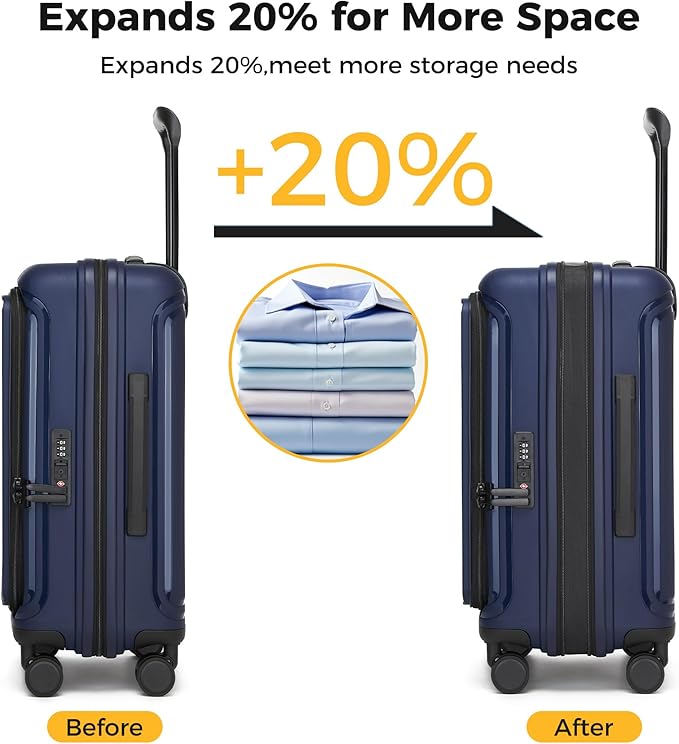 20“ Expandable Carry on Luggage Front Opening, 22x14x9 Airline Approved Hardshell Spinner Carry-on Suitcase with Wheels, TSA Lock, Lightweight Travel Luggage (Dark Blue, 20 inch)
