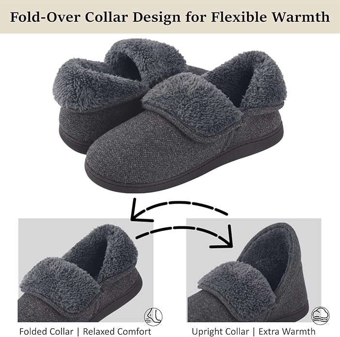 Men’s Knit Bootie Slippers Warm Fold-Over Ankle Collar Plush Fleece Lined Memory Foam House Shoes Cozy Winter Non-Slip Indoor Outdoor Slippers for Men