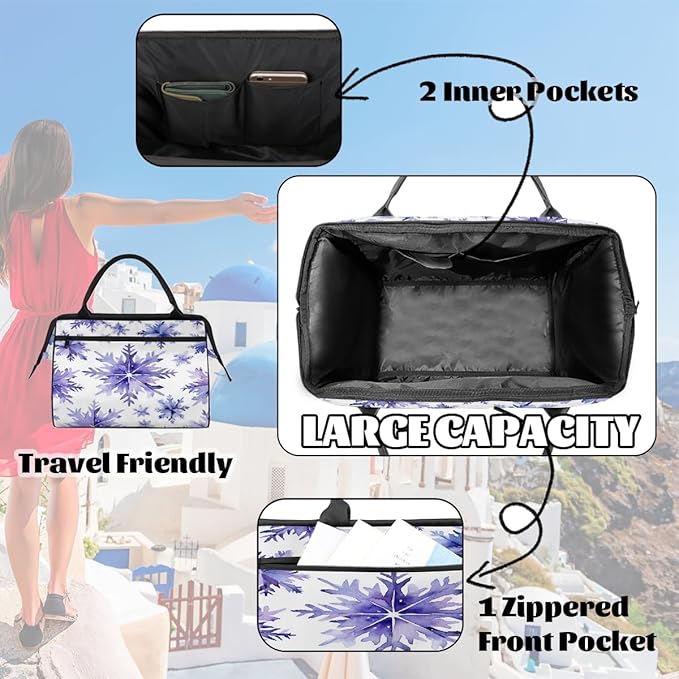 Snowflake Overnight Weekender Bags for Women Men, Waterproof Travel Carry On Duffel Bag, Lightweight Sports Gym Bag for Fitness, Workout, Travel