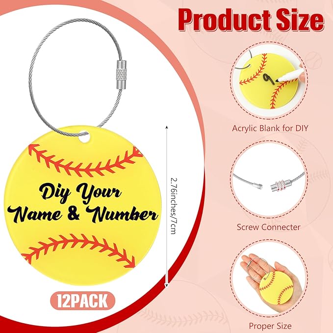 12 Pack Softball Cooling Towels with Softball Acrylic Luggage Tags, 40"x12" Breathable Chilly Ice Towel for Neck with Plastic Container, Sport Towel for Players Team Gift Sport Party Favors
