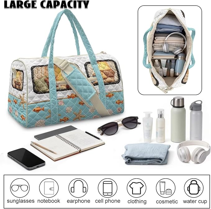COEQINE Quilted Duffle Bags for Women Travel Cool Quilted Tote Bag Large Car Blue Camper Summer Beach Themed Weekender Bag Designer Carry On Bags