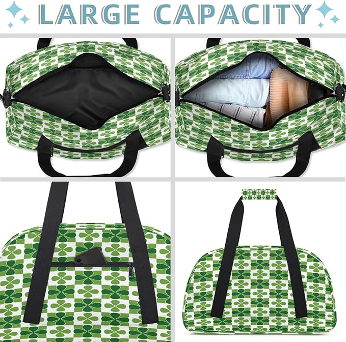 Duffle Bag for Women Men, Green Clover Plaid Pattern Gym Bag for Travel Sports, Lightweight Waterproof Weekender Overnight Bags with Adjustable Strap