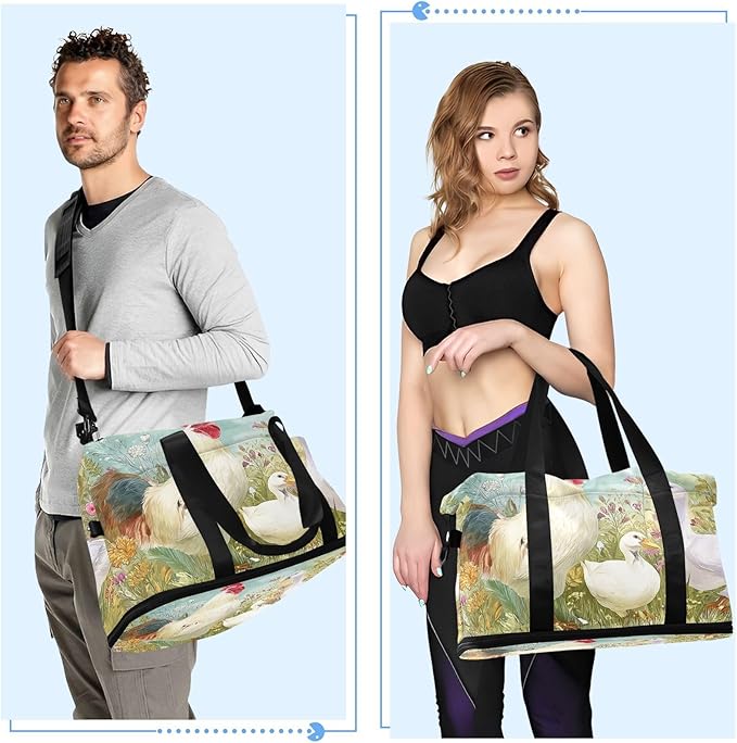 Travel Duffel Bags for Women Farm Chicken & Duck Watercolor Pattern Sports Duffel Bags Gym Bags with Shoes Compartment Tote Bag Weekender Bag for Travelling