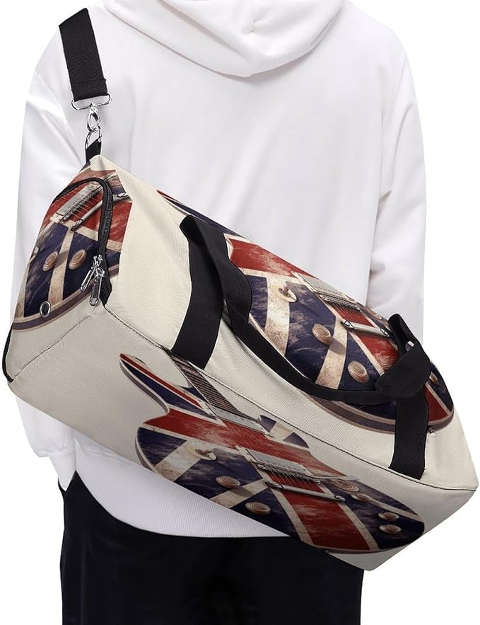 Oxford Cloth Guitar British Flag Gym Bag,Duffle Bag with Shoes Compartment And Adjustable Shoulder Straps，Weekender Bags for Men Women.