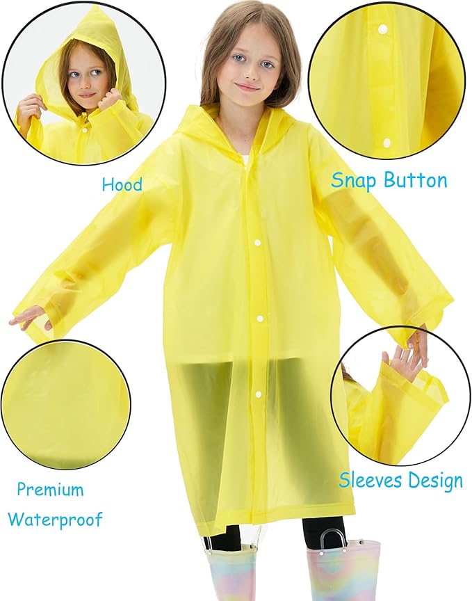 2 Pack Reusable Waterproof Raincoat EVA Emergency Rain Ponchos One Size Rain Jacket for Children, Boys and Girls