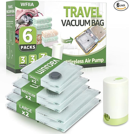 Vacuum Bags for Travel with Rechargeable air Pump, 3 Sizes Vacuum Seal Bags for Clothing, Space-Saving Compression Storage Bags for Travel & Closet Organization (6)