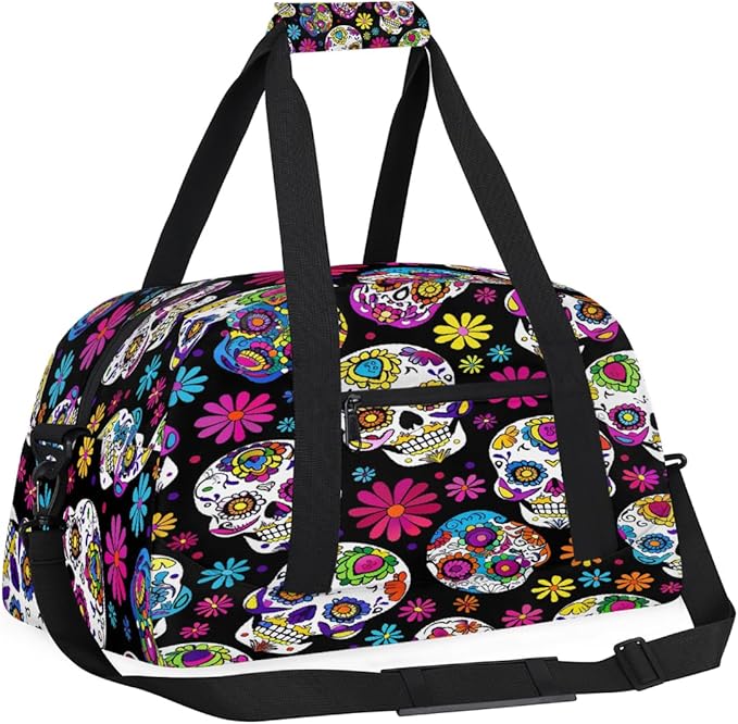 Gym Bag for Women Men, Floral Sugar Skulls Travel Duffle Bags for Dance Ballet Overnight, Carry-On Weekender Bag with Detachable Shoulder Strap