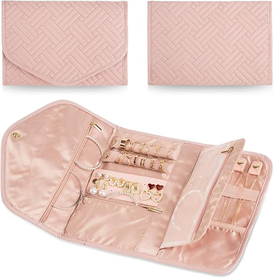 Travel Jewelry Organizer Bag Anti-Tangle Foldable Small Jewelry Roll Travel Case Accessory for Necklaces, Earrings, Rings, Bracelets, Watches, Pink