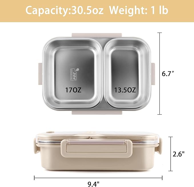 Stainless Steel Lunch Box with 2 Compartments, Leakproof, 30.5 oz Food Storage Containers, Bento Box for Adults,Men,Women(Beige)