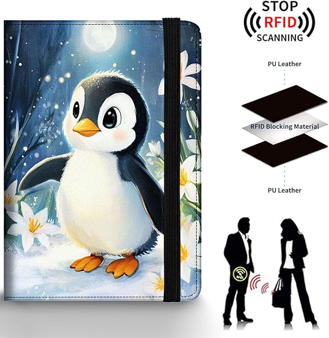 Passport Holder Wallet Cover Case,RFID Blocking Passport Cover,Large Capacity Travel Wallet with Multi Card Slots (Cute Penguin Illustration)