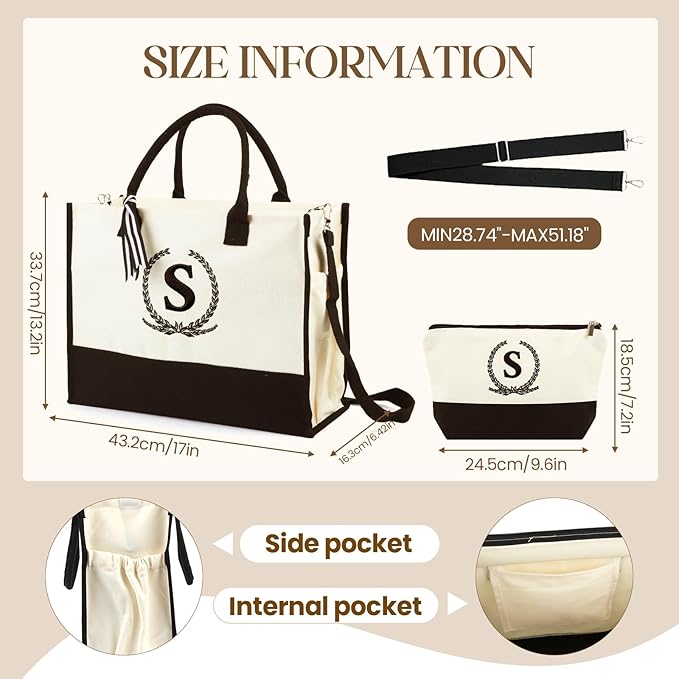 Personalized Canvas Tote Bag for Women Makeup Pouch Initial Beach Bag Removable Bottom Board for Travel Birthday