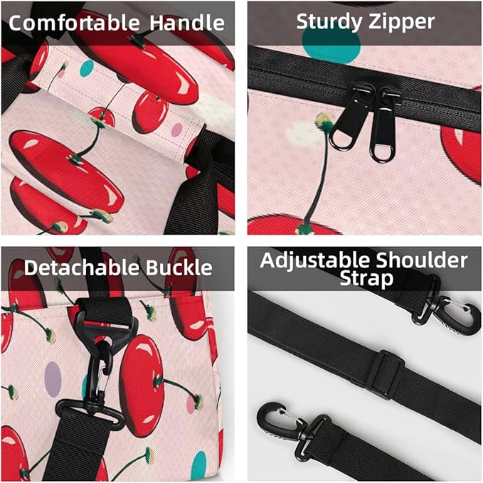 Duffle Bag for Women Men, Polka Dot Cherry Pattern Gym Bag for Travel Sports, Lightweight Waterproof Weekender Overnight Bags with Adjustable Strap