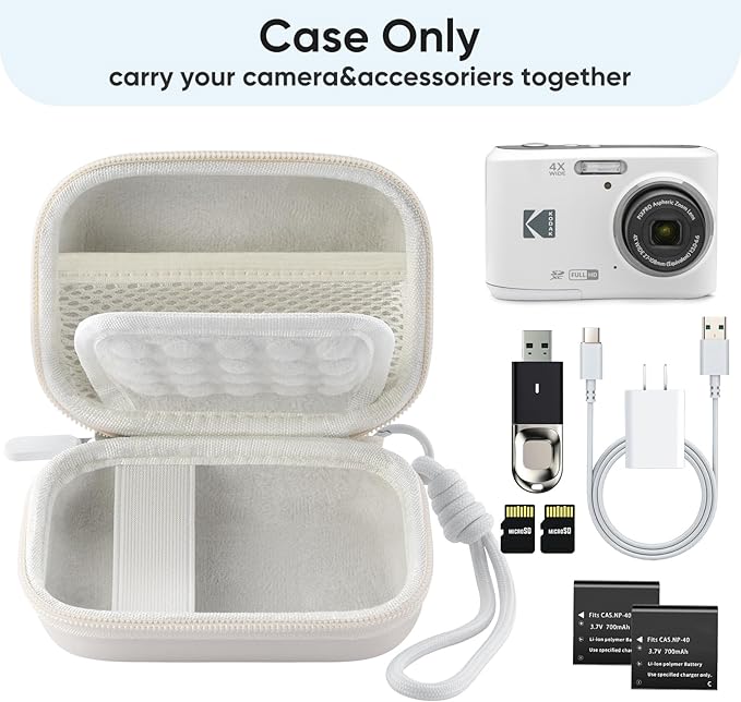 Camera Case for Digital Camera CAMKORY DC403 FHD 1080P/ KODAK PIXPRO FZ55/ FZ45, Small Travel Compact Camera Holder with Mesh Pocket for Accessories SD Card (White)