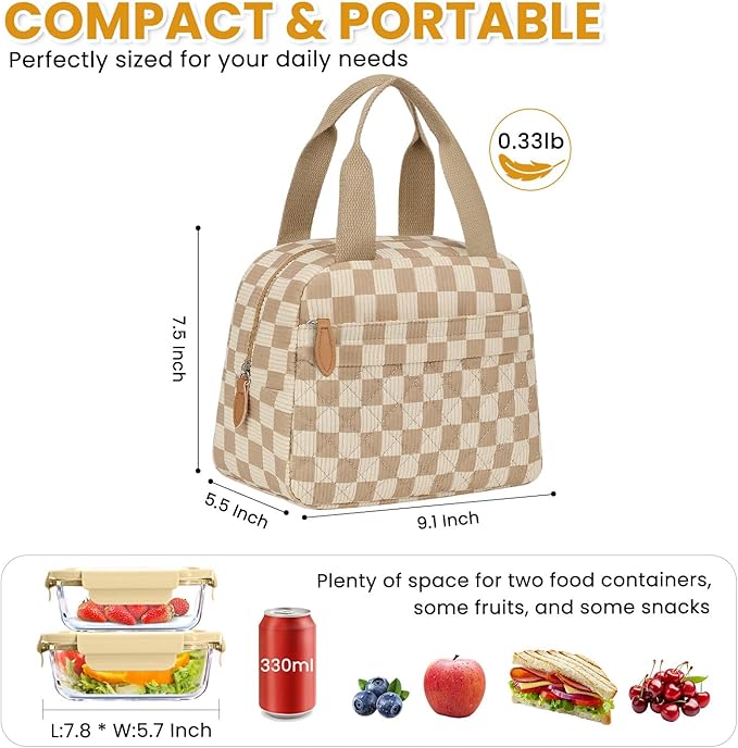 Insulated Lunch Bag for Women, Portable Lightweight Lunch Box for Adults, Reusable Small Lunch Tote Cooler Bags with Front Zipper Pocket for Work School Picnic(Corduroy Khaki Checkered)