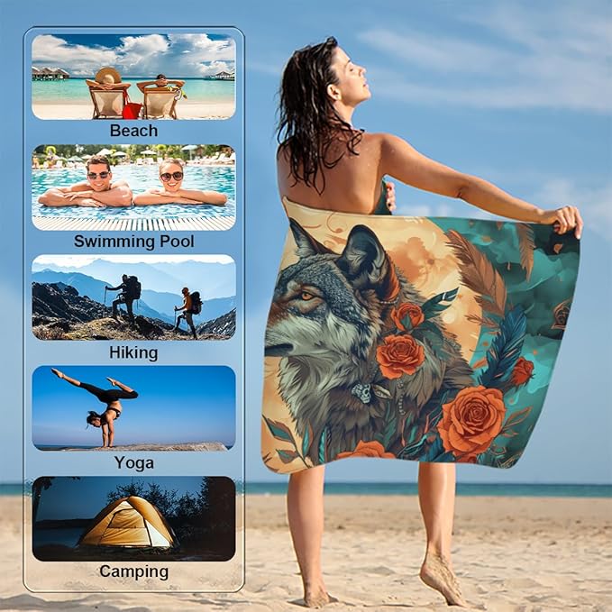 Rose Flower Wolf Feather Beach Towel, Large Microfiber Quick Dry Lightweight Pool Bath Towels Sand Free Beach Blanket for Summer Cruise Yoga Camping Travel Vacation Essentials 31 x 61 in