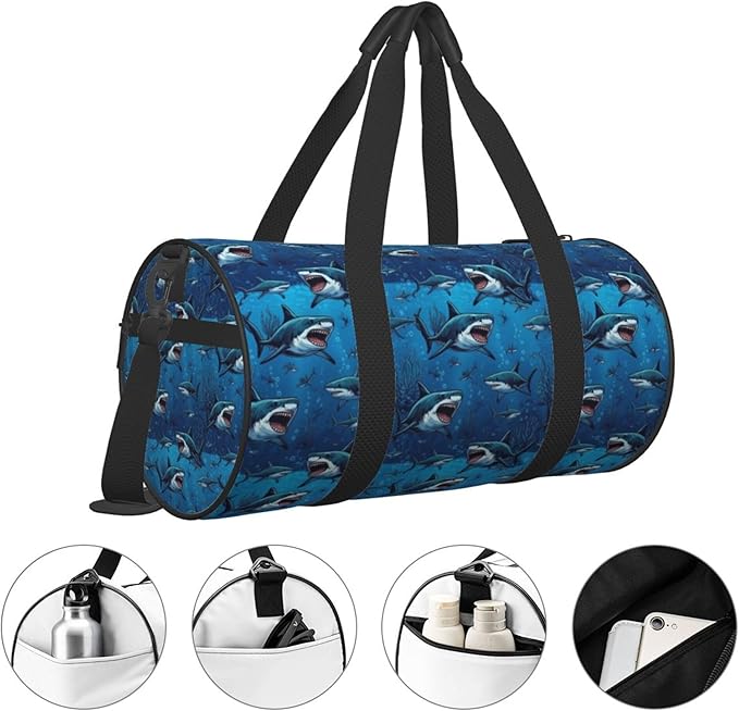 Small Gym Bag Waterproof Duffle Bag Cool Dinosaur And Ocean Sharks for Men Women Workout Bag for Travel, Sports, Fitness, Training, Yoga, Hospital