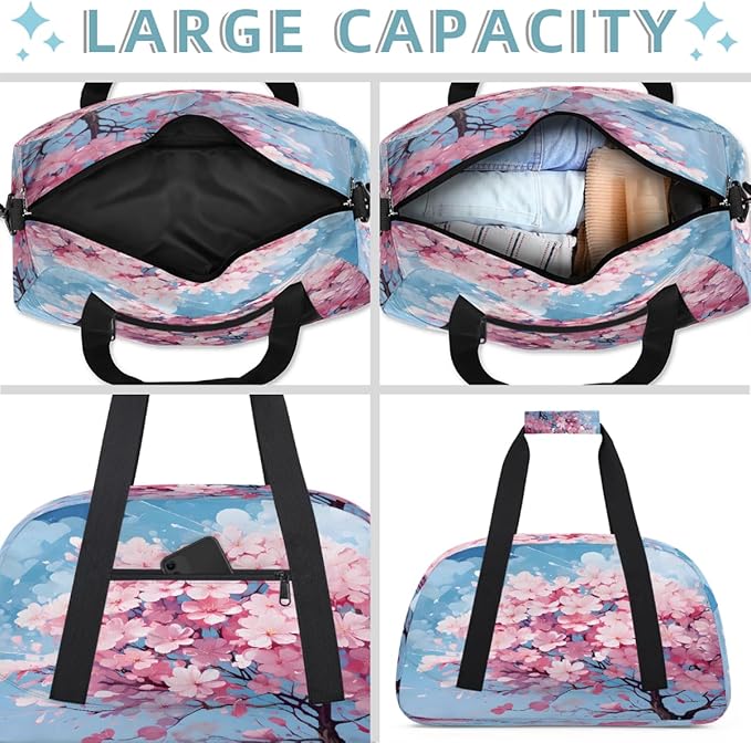 Sports Duffel Bags, Pink Cherry Blossom Tree Water-Resistant Gym Duffle Bag for Men Women, Lightweight Weekender Overnight Bag for Fitness, Workout, Travel