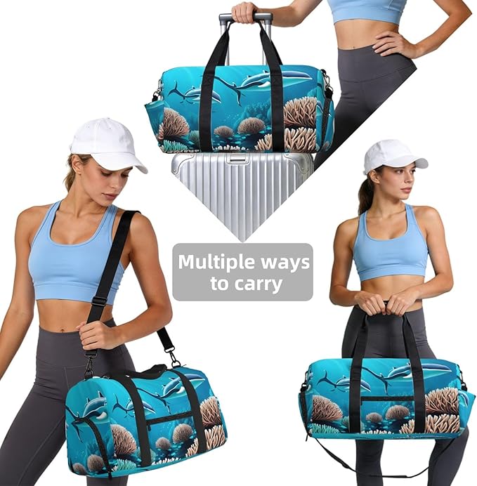 Deep Sea Whales Print Gym Bag with Shoe Compartment for Women Men, 17.7in Sports Duffle Weekender Tote, Overnight Travel Duffel Bag Carry On