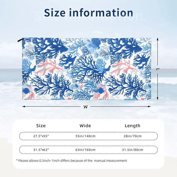 Blue Coral And Sea Pattern Sand Free Beach Towel – 27.5"X55" Quick Dry Microfiber Beach Towels For Travel, Swimming, Pool, And Camping, Absorbent And Compact Beach Essential For Women, And Men