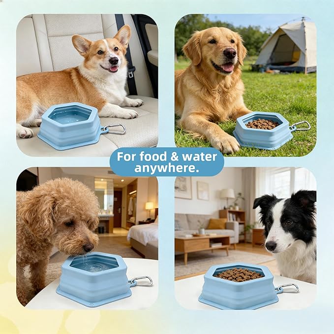 1-Pack Collapsible Pet Water Bowl, Spill Proof No Splash Dog Travel Bowl with Carabiner, Silicone Bowl for Hiking Camping Walking Road Trips, BPA Free Dishwasher Safe, 24oz Morandi Blue