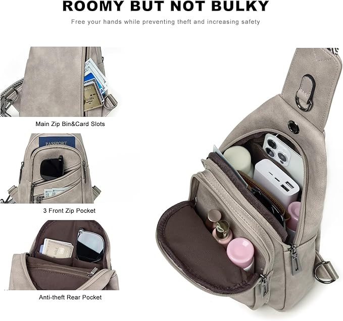 7L Crossboydy Sling Bag for Women Vegan Leather Crossbody Purse Fanny Pack Chest Bag for Travel,Light Grey