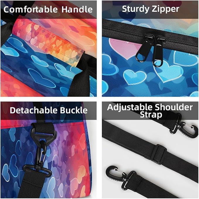 Duffle Bag for Women Men, Rainbow Gradient Hearts Gym Bag for Travel Sports, Lightweight Waterproof Weekender Overnight Bags with Adjustable Strap