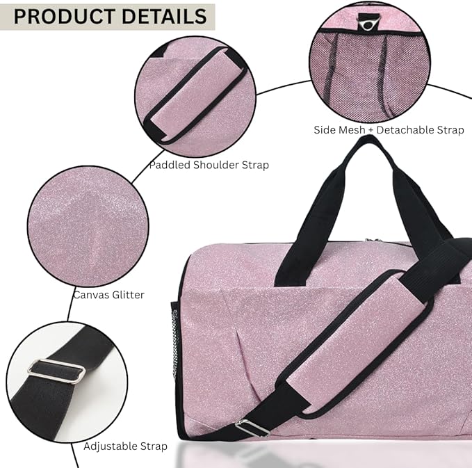 NGIL Glitter Cheers Sports Gym Duffel with Shoe Compartment and Small Carry on Travel Tote Bags for Women, Gym bag, Overnight bags for Women, Cheer Bag (Glitter-Pink)