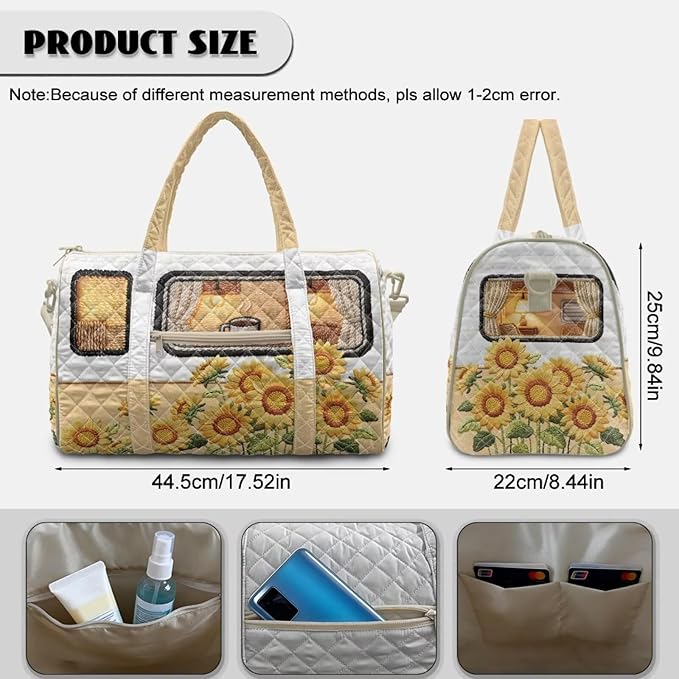 COEQINE Beige Sunflower Camper Van Duffle Bag for Women Travel Quilted Tote Bag Large Car Themed Carry on Luggage Duffle Bag with Toiletry Bag Weekender Overnight for Workout
