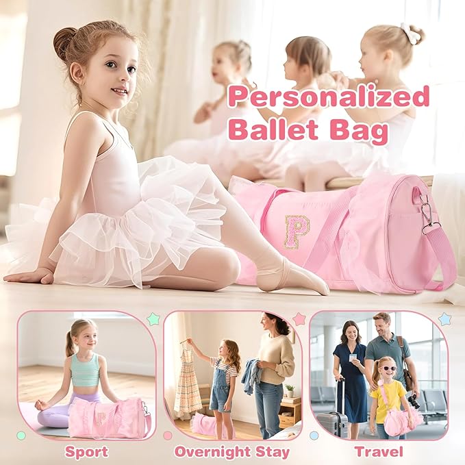 Personalized Initial Dance Bag for Girls 6-9, Medium Lace Gym Sport Yoga Cheer Dance Bags Gift for Teen Girls, Cute Letter Kids Ballet Bag Toddler Travel Duffel Tote with Adjustable Straps(Pink-P)