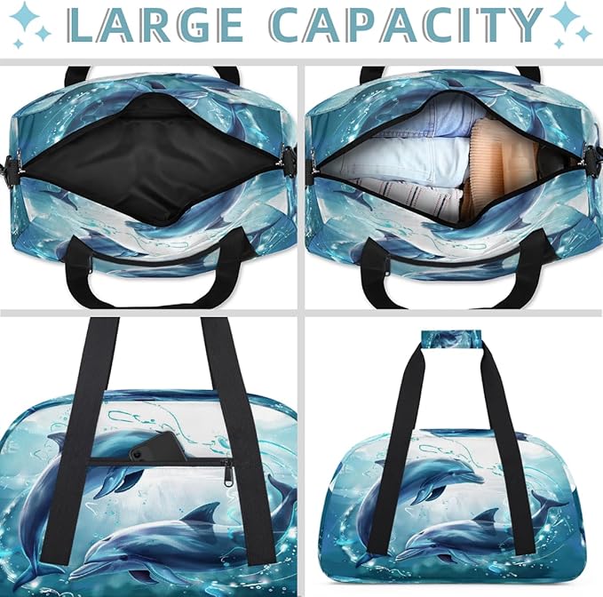 Dolphin Watercolor Print Sports Duffel Bags, Water-Resistant Gym Duffle Bag for Men Women, Lightweight Weekender Overnight Bag for Fitness, Workout, Travel