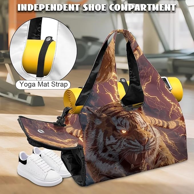 Tiger Gym Bag for Men Stylish Sports Bag with Shoe Compartment Water-Resistant Lightweight Duffel Bags with Zipper Pockets Fitness Workout Multi-Functional Yoga Mats Bags with Holder Strap