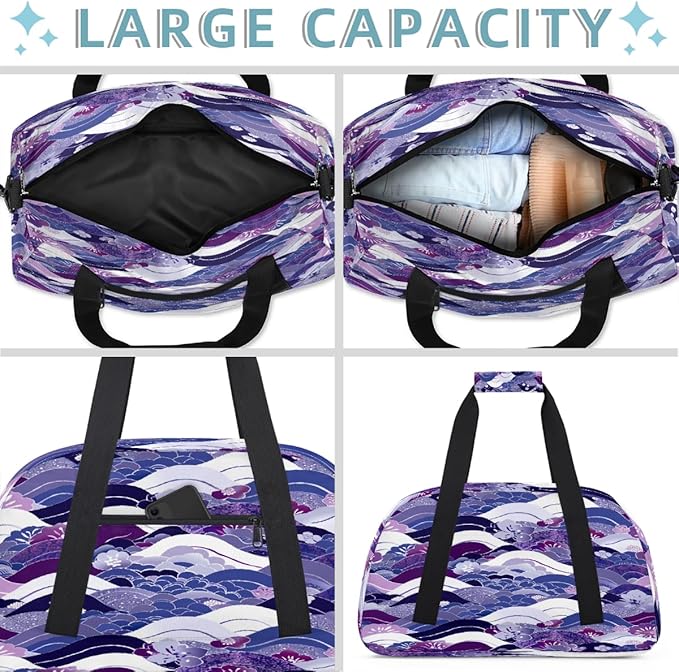 Duffle Bag for Women Men, Purple Wave Flower Texture Gym Bag for Travel Sports, Lightweight Waterproof Weekender Overnight Bags with Adjustable Strap
