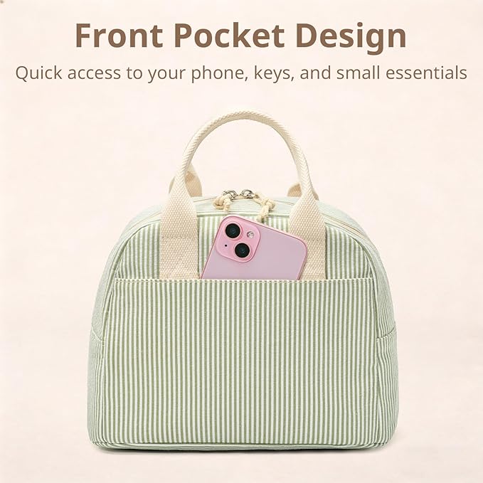 Insulated Lunch Bag for Women, Reusable Green Striped Lunch Box Cooler Bag with Large Capacity, Durable Lunch Tote for Work