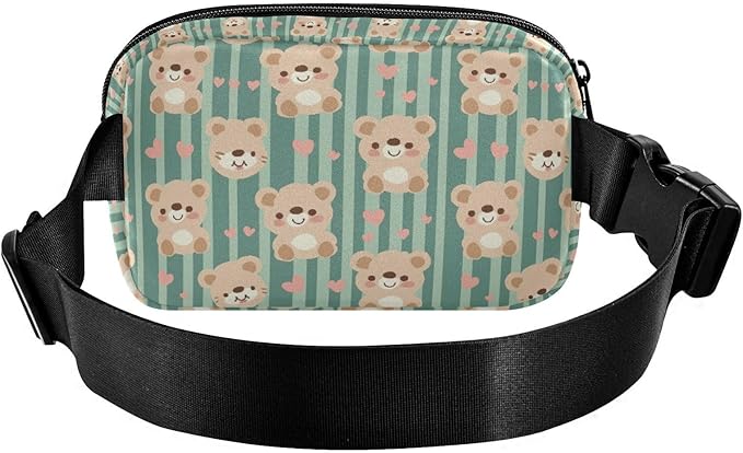 Kawaii Teddy Bears Green Stripe Fanny Pack for Women Men Water Resistant Fashion Waist Packs with Adjustable Strap Belt Bag for Travel Workout Jogging Hiking 21219330