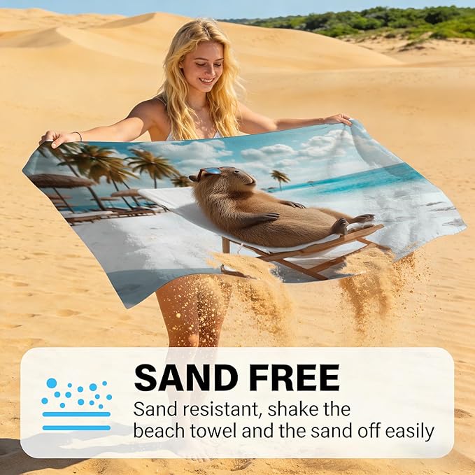 SARA NELL Capybara Beach Towel, Relaxing Tropical Capybara with Sunglasses Print, Summer Pool Beach Towel for Vacation Travel, Soft Quick Dry Lightweight, 32"x52"