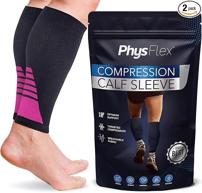 Calf Compression Sleeves for Men and Women - (1 Pair) Footless Compression Socks Support for Varicose Vein, Nursing, Pregnancy, Running - PhysFlex Leg Sleeve Brace for Shin Splints, Pain Relief and