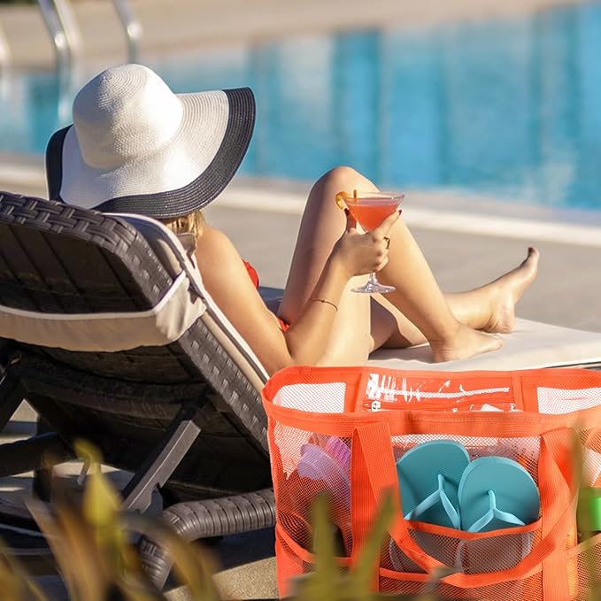Mesh Beach Bag,Large Beach Bags for Women with 8 Pockets,Packable Tote Bag for Beach Cruise Pool Vacation Essentials