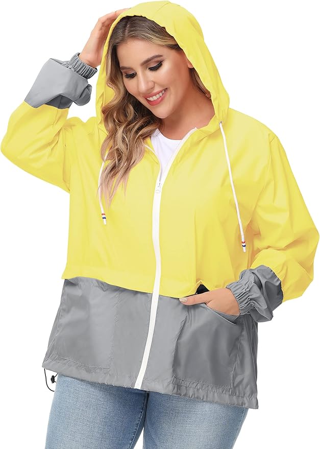 Avoogue Plus Size Raincoat Women Waterproof Rain Jacket Packable Outdoor Hooded Windbreaker