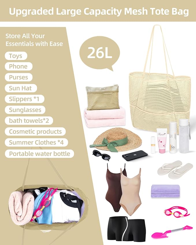 Mesh Beach Tote Bag Packable,2026 New 2-in-1 Large Lightweight Foldable Beach Bags with Multiple Pockets for Women