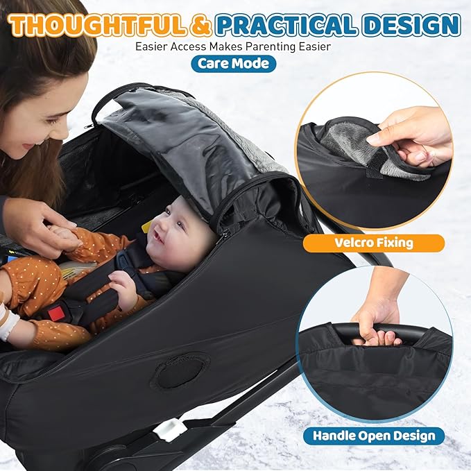 Car Seat Rain Cover with Clear Peep Window, Universal Car Seat Cover Baby with Zipper Door and Side Ventilation, All-Round Snow, Wind & Rain Canopy Waterproof Cover, Machine Washable, Black