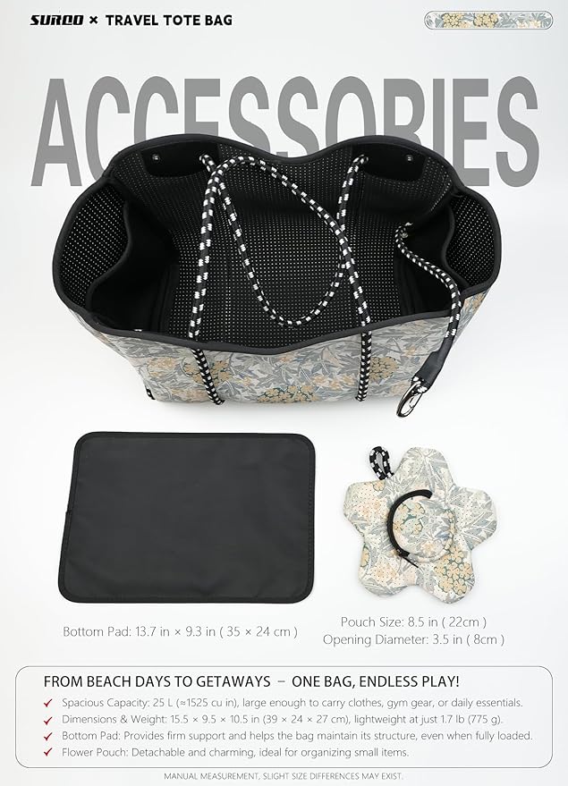 Neoprene Tote Bag for Women, Large Travel Beach Bag with Detachable Pouch, Stylish Lightweight Everyday Carryall