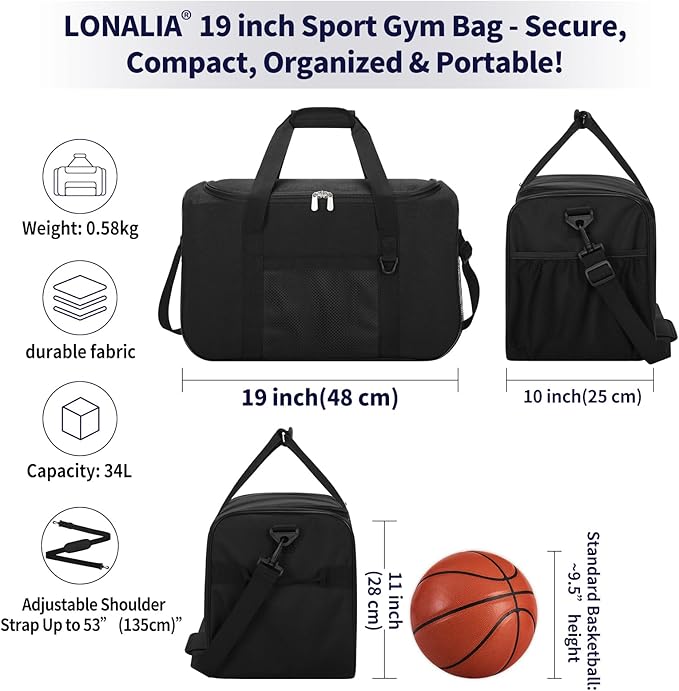 35L Sports Gym Duffle Bag - 19 inch Weekender Duffel for Workout, Basketball, Fitness, Training (Black)