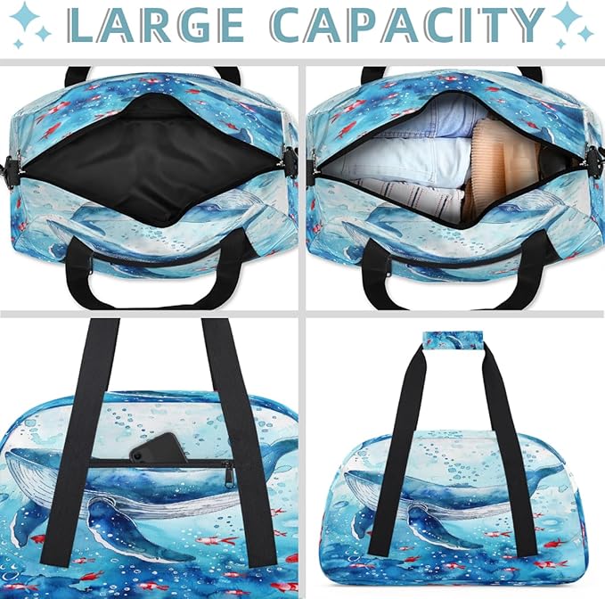 Travel Duffle Bag, Blue Whale Watercolor Waterproof Weekender Overnight Bags for Women Men Lightweight Carry on Duffle Gym Bag for Travel, Sports, Fitness, Workout