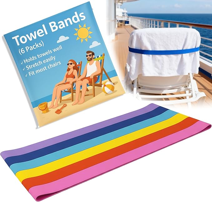 Extra Wide Beach Towel Bands, Towel Straps, Beach Chair, Pool Chairs Cruise Ship Essentials, Towel Chair Clips Towel Holder Beach Towel Clips Thicken No Snapping Easy to Stretch (6 Pack - 6 Colors)