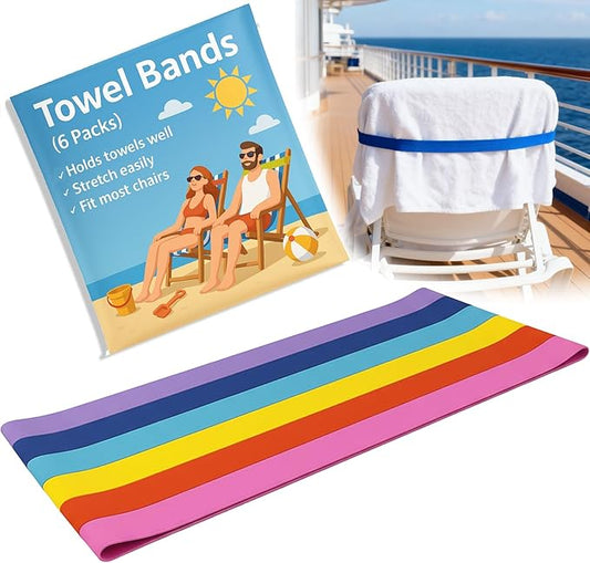 Extra Wide Beach Towel Bands, Towel Straps, Beach Chair, Pool Chairs Cruise Ship Essentials, Towel Chair Clips Towel Holder Beach Towel Clips Thicken No Snapping Easy to Stretch (6 Pack - 6 Colors)