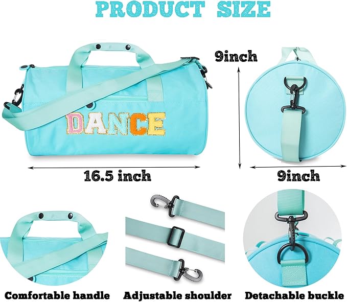 Dance Duffle Bag for Girls Large Size, Lightweight Gymnastic Sports Bag with Chenille Letters, 16.5x9x9 Inch, for Ballet, Cheer, Athletes, Ages 4-10 (Blue)