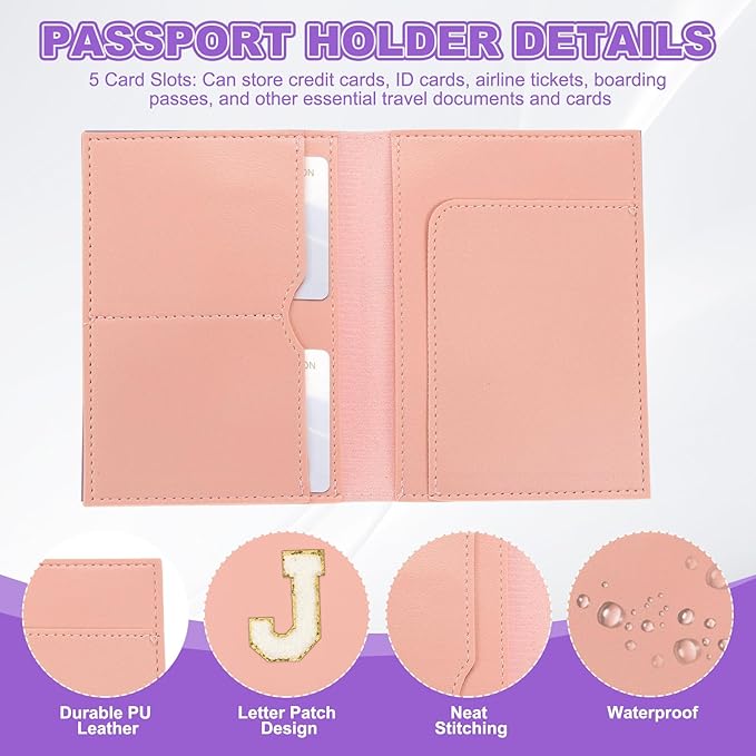 PATIKIL Passport Holder for Travel, Initial Passport Cover and Luggage Tag Set with Alphabet Chenille Letter Patch Travel Wallet Bag Suitcase Identifier for Women Family Travel Pink J
