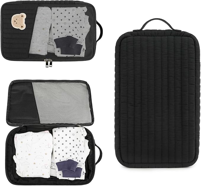 MOMIGO Baby Diaper Bag Organizer Pouches - 2 Pack Waterproof Pod Hanging Diaper Bag Cute Rabbit Bear Mesh Bag Reusable, Washable or Baby Cloth Diapers (Black)
